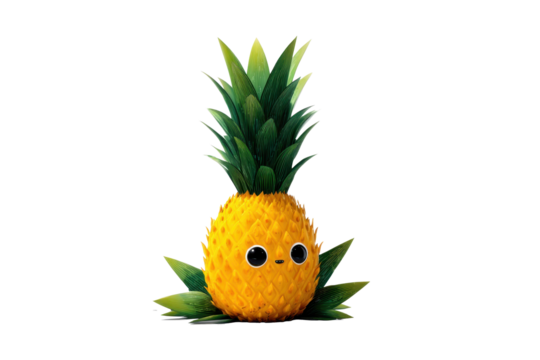 3d illustration of cartoon cute yellow pineapple with leaves isolate on transparent background, png for poster banner cover design