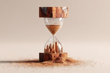 Surreal hourglass where falling sand creates a miniature city skyline.
