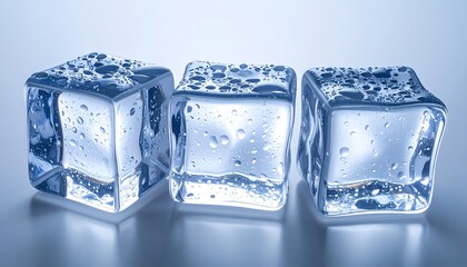 Three glistening ice cubes, showcasing translucent clarity and water droplets, create a cool, serene visual.