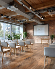 Fototapeta premium Modern conference room with wooden floor, brick wall, projector screen, and natural light creating calm and inviting atmosphere