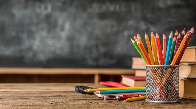 Education concept - school supplies on the desk in the auditorium, blackboard background