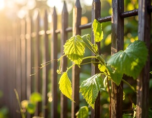 Sunlight highlights vibrant green leaves clinging to a weathered wooden fence.