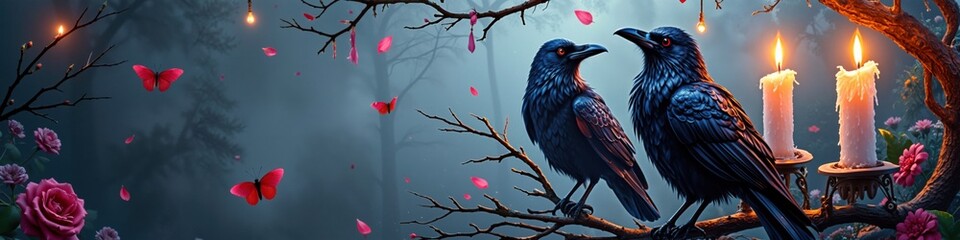 Mysterious ravens on branch with candles in enchanted forest scene
