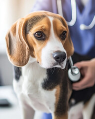 Veterinarian examining an adult Beagle with a stethoscope in a bright, clean clinic room. Calm atmosphere of pet healthcare