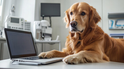 Calm Golden Retriever lies next to vet reviewing test data in professional office with medical equipment