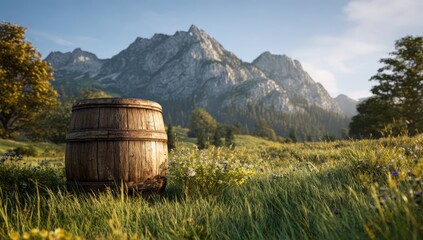 Obraz premium Wooden barrel in a grassy meadow, mountains in the background. A serene, idyllic landscape