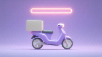 Delivery motorbike with glowing neon light above, pastel purple background, futuristic and minimalistic style, soft lighting creates calm mood