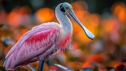 Roseate Spoonbill Close-Up in Florida Everglades, Pink Feathers, White Beak, Shallow DOF
