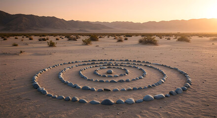 Desert Sunrise with Circular Stone Spiral Installation