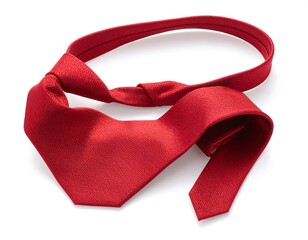 A vibrant red tie, knotted and laid flat, sits against a plain white background.