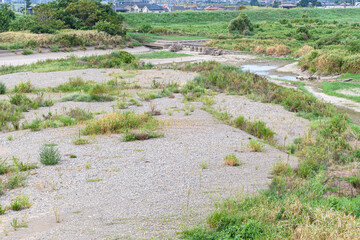 雨不足により河川の川底がむき出し