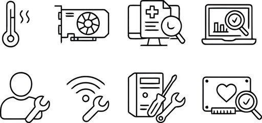 Computer hardware diagnostics and repair service icons set