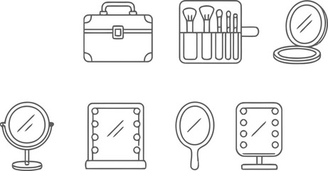 Collection of makeup and beauty accessories including mirrors and a vanity case