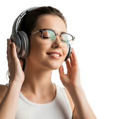 Naklejka premium Young woman with glasses listening to music with headphones, eyes closed in blissful relaxation and serene enjoyment, radiating positive vibes and peaceful escape.