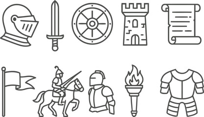 Collection of medieval knightly symbols and objects in a simple outline style