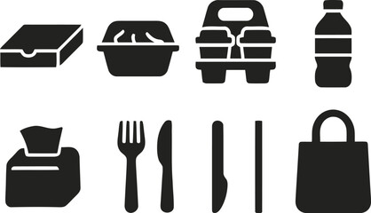 Collection of takeout food and drink service icons for delivery and catering