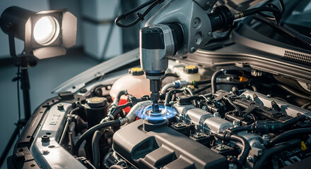 Fototapeta premium Advanced automotive manufacturing robotic precision, utilizing automated diagnostics and vehicle