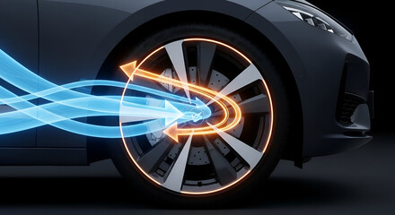 Aerodynamic analysis visualization of a modern car wheel illustrating airflow and efficiency