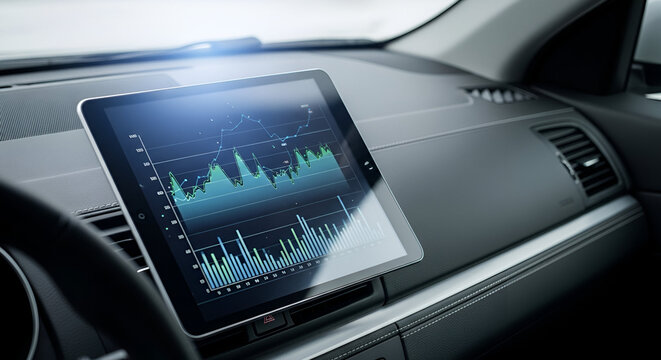 Analysis of market trends shown on digital dashboard inside modern vehicle interior