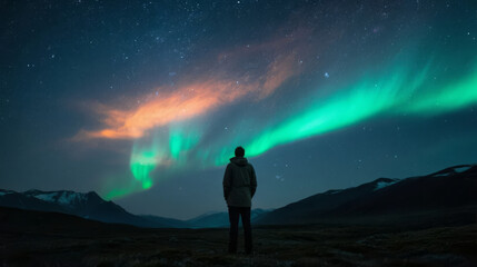 Night Sky with Aurora and a Person's Silhouette Exploring a Natural Wonder Background