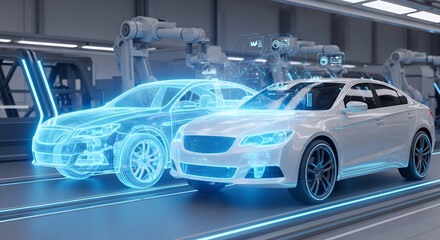 Automated car production line displaying a blueprint hologram with robotic arms overseeing the