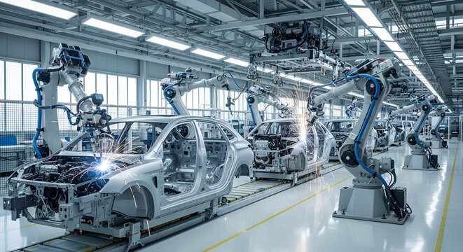 Automated car manufacturing: Precision robotics assembling vehicles on production line