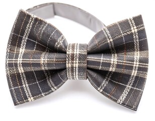 A stylish, dark gray and cream plaid bowtie with a subtle brown pattern sits gracefully against a pure white background.