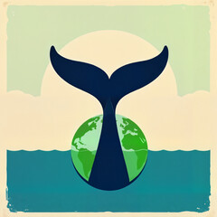 Whale tail emerging from ocean, serene atmosphere