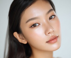 Fototapeta premium Close-up portrait of a woman with a radiant complexion and subtle makeup, showcasing a soft, luminous glow.