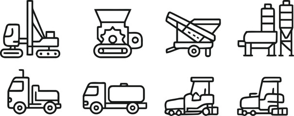Collection of construction and industrial machinery line art icons on white background