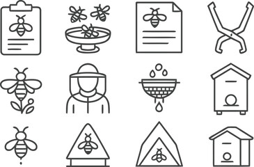Collection of hand drawn icons representing beekeeping and honey production