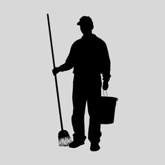 Janitor Holding Broom Trash Simple Icon Collection, Cleaning Man Drawing Clip Art Black Graphic Clothing Vector Design