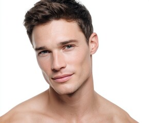 Fototapeta premium Close-up portrait of a handsome man with flawless, smooth skin, showcasing a healthy, youthful complexion against a pure white backdrop.