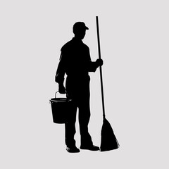 Janitor Holding Broom Trash Simple Icon Collection, Cleaning Man Drawing Clip Art Black Graphic Clothing Vector Design
