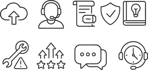 Collection of modern line art icons representing business and technology concepts