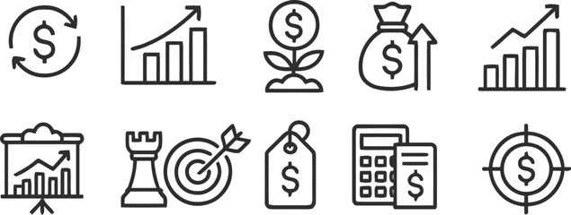 Collection of financial and business growth icons representing success and investment