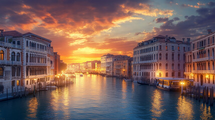 A venice canal scene at sunset with buildings lining the waterway and a vibrant sky above it all