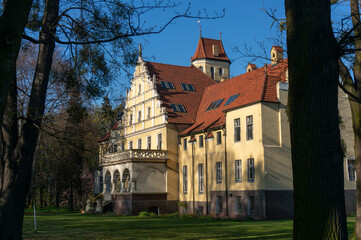 Obraz premium Eclectic palace with features of Northern Neo-Renaissance style is situated in historic park. Multi-pitched roof covered with ceramic tiles. Ornontowice (village, Silesian Voivodeship), Poland.