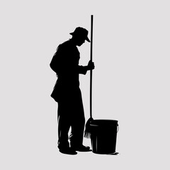 Janitor Holding Broom Trash Simple Icon Collection, Cleaning Man Drawing Clip Art Black Graphic Clothing Vector Design