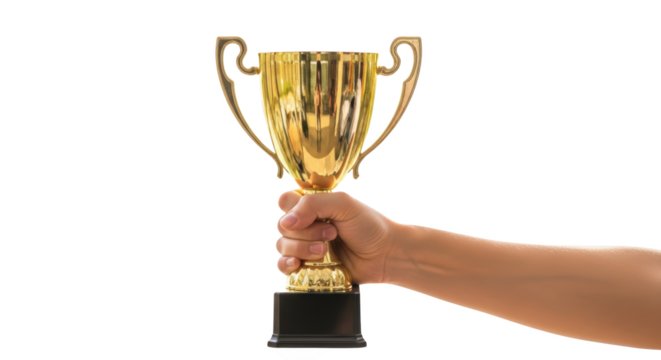 golden cup Winner prize trophy isolated holding background on a gold background.