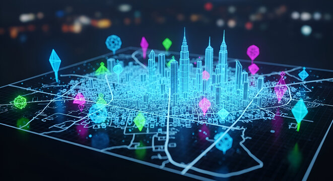 Illuminated city blueprint: A vibrant visualization of urban planning and digital infrastructure