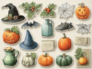 A vintage collection of Halloween and autumn clip art elements. A set of isolated icons including a witch hat, pumpkins, bats, a skull, and flowers for scrapbooking or decoupage.
