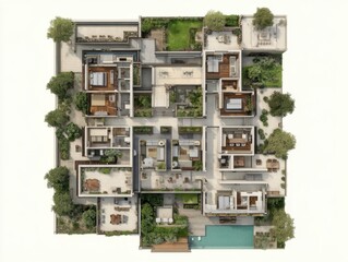 A floor plan of a house with a pool and a garden. The house has four bedrooms and three bathrooms