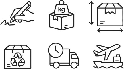 Set of six hand drawn icons representing logistics and shipping services