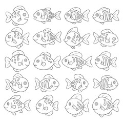 A collection of 20 hand-drawn, black and white illustrations of various cartoon fish, each with unique patterns and expressions.