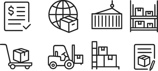 Set of hand drawn icons representing logistics and shipping services