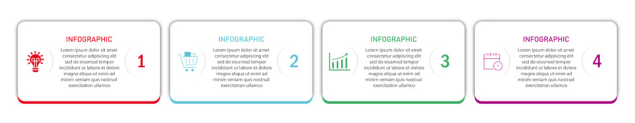 Business infographic white diagram with timeline | Business process 4 steps or option chart with bottom side border and icon | Modern vector illustration