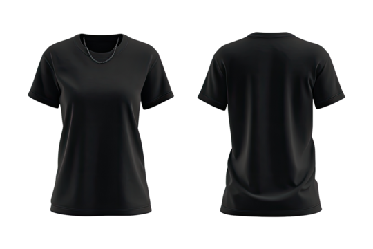 Front and back view of a black women's t-shirt.  Short sleeves, crew neck,  simple design.  A necklace is visible