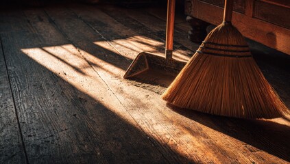 Sunbeams on a wood floor with brooms