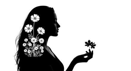 and black with white Flowers flowers Leaves. Woman Leaves woman Silhouette silhouette